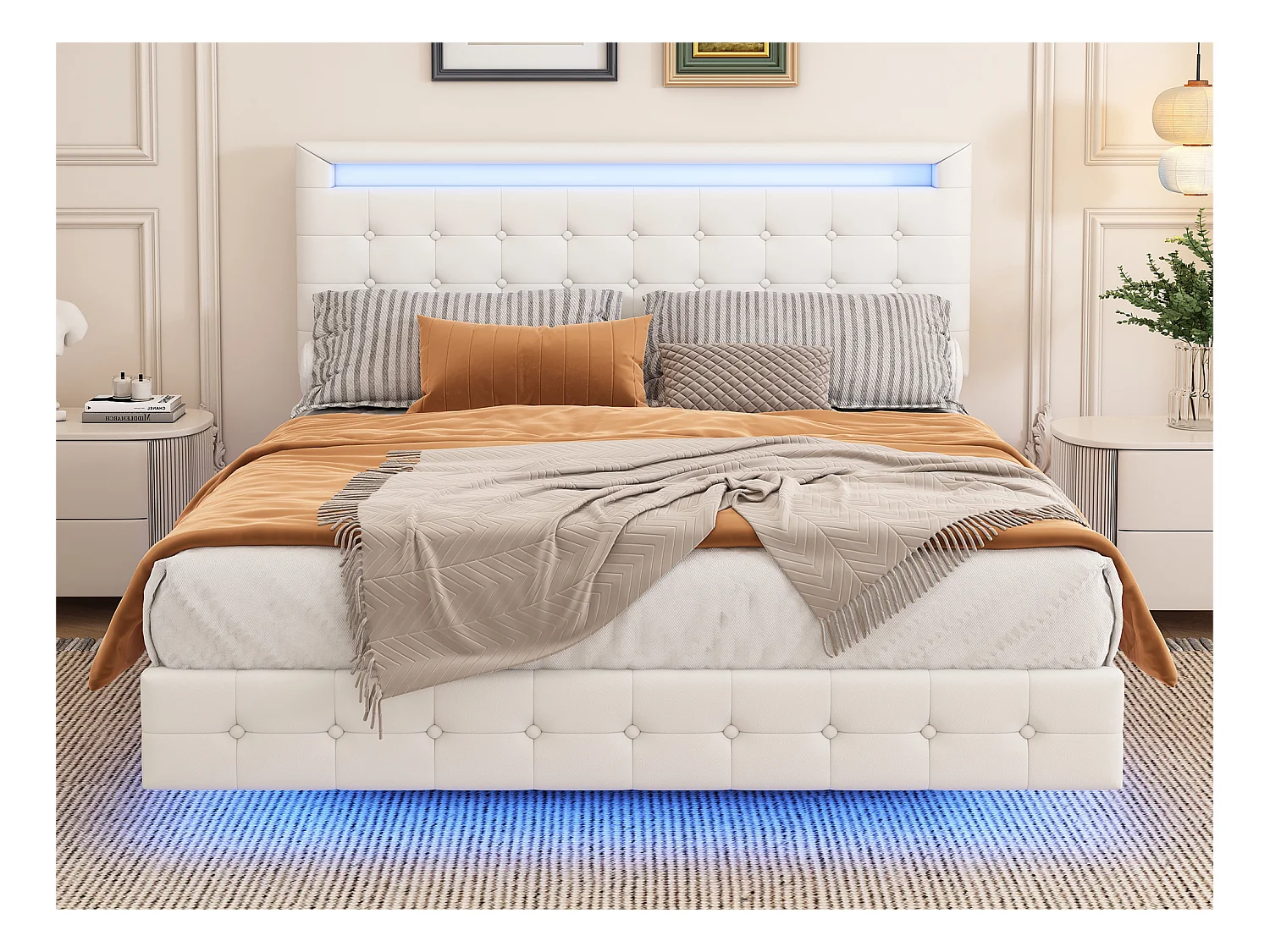 Lit adute 140x200cm - avec LED et télécommande - en similicuir - Blanc