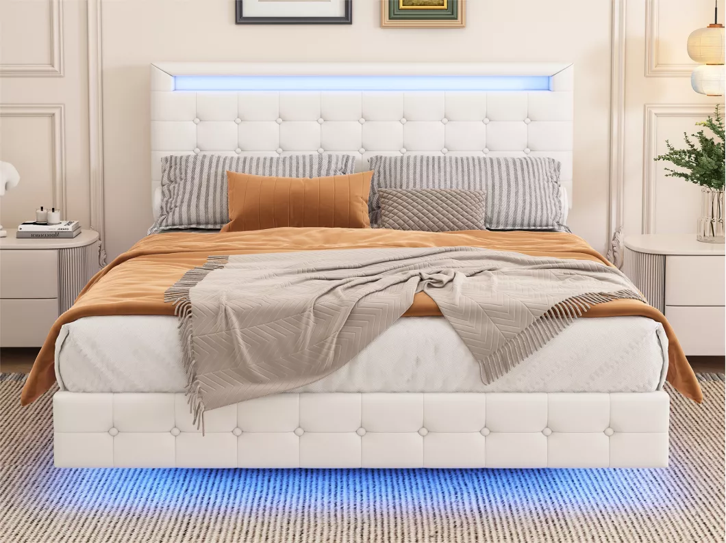 Kauf Unique Erwachsenenbett 140x200cm – mit LED und Fernbedienung – aus Kunstleder – Weiß