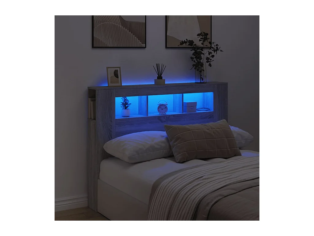 Hoofdeinde met LED 140x18,5x103,5 cm bewerkt hout grijs sonoma