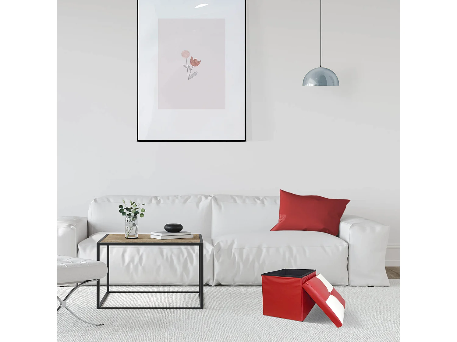 Rebecca Mobili Puff Contenedor Organizador Blanco Rojo 30x30x30