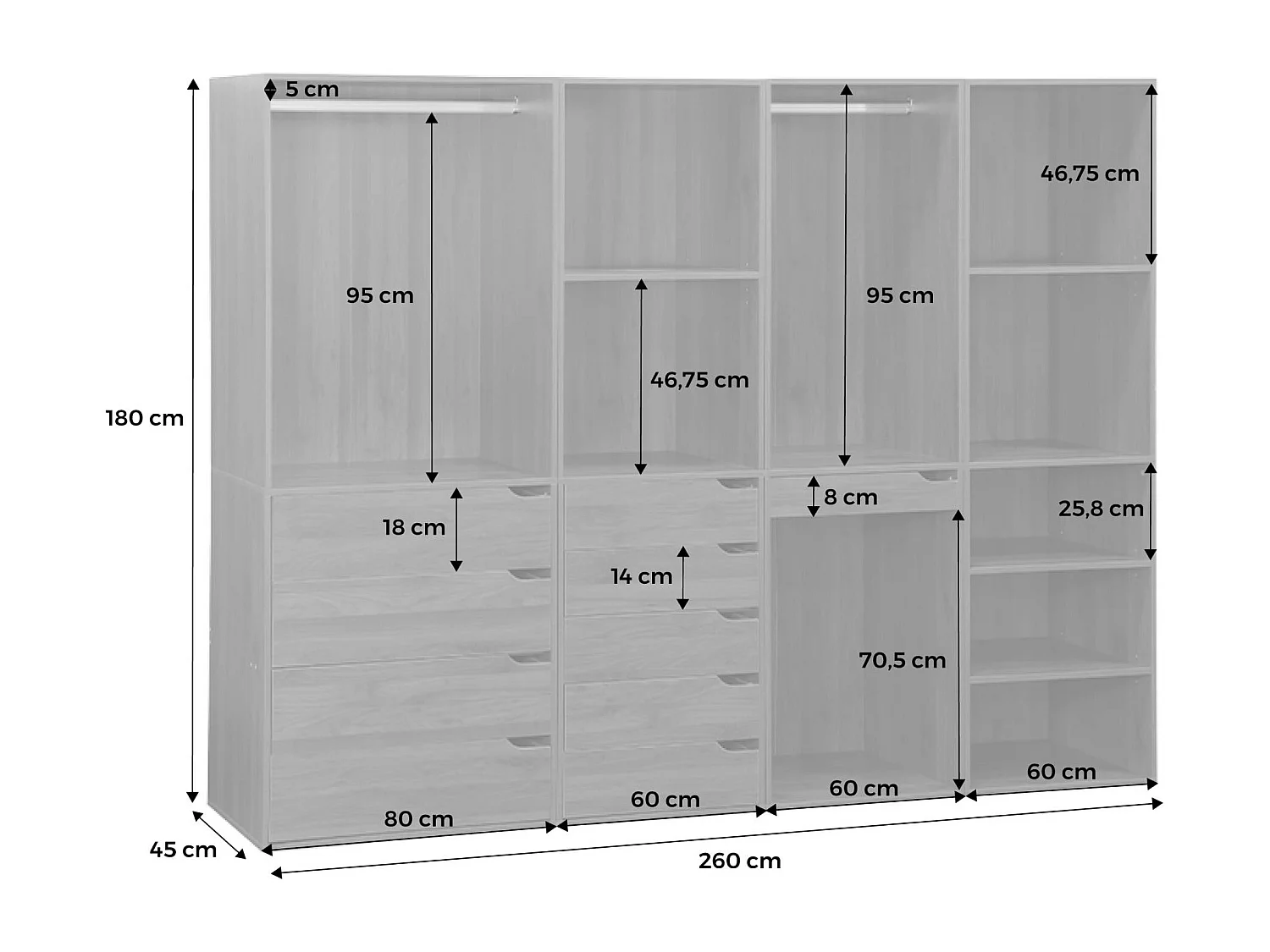 Kit dressing modulable avec 4 éléments. naturel. panneaux stratifiés