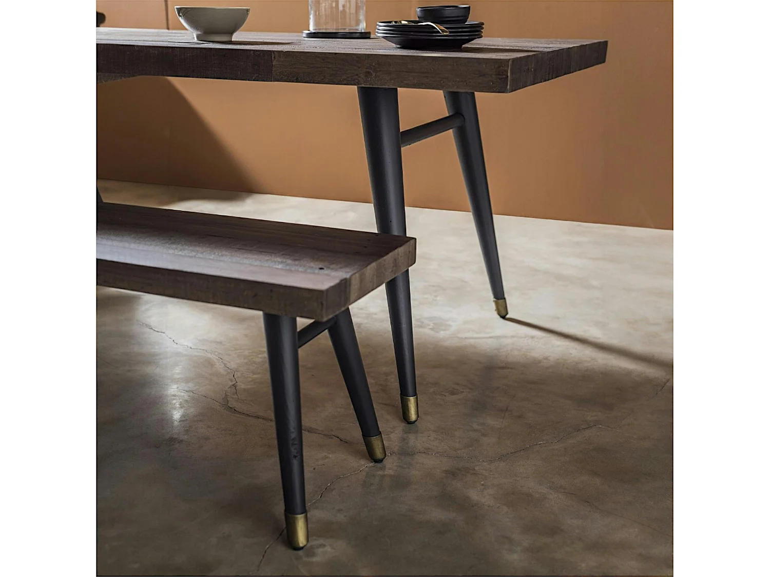 Banc de table bois recyclé piètement effet laiton vieilli 180 cm ADÉLAÏDE