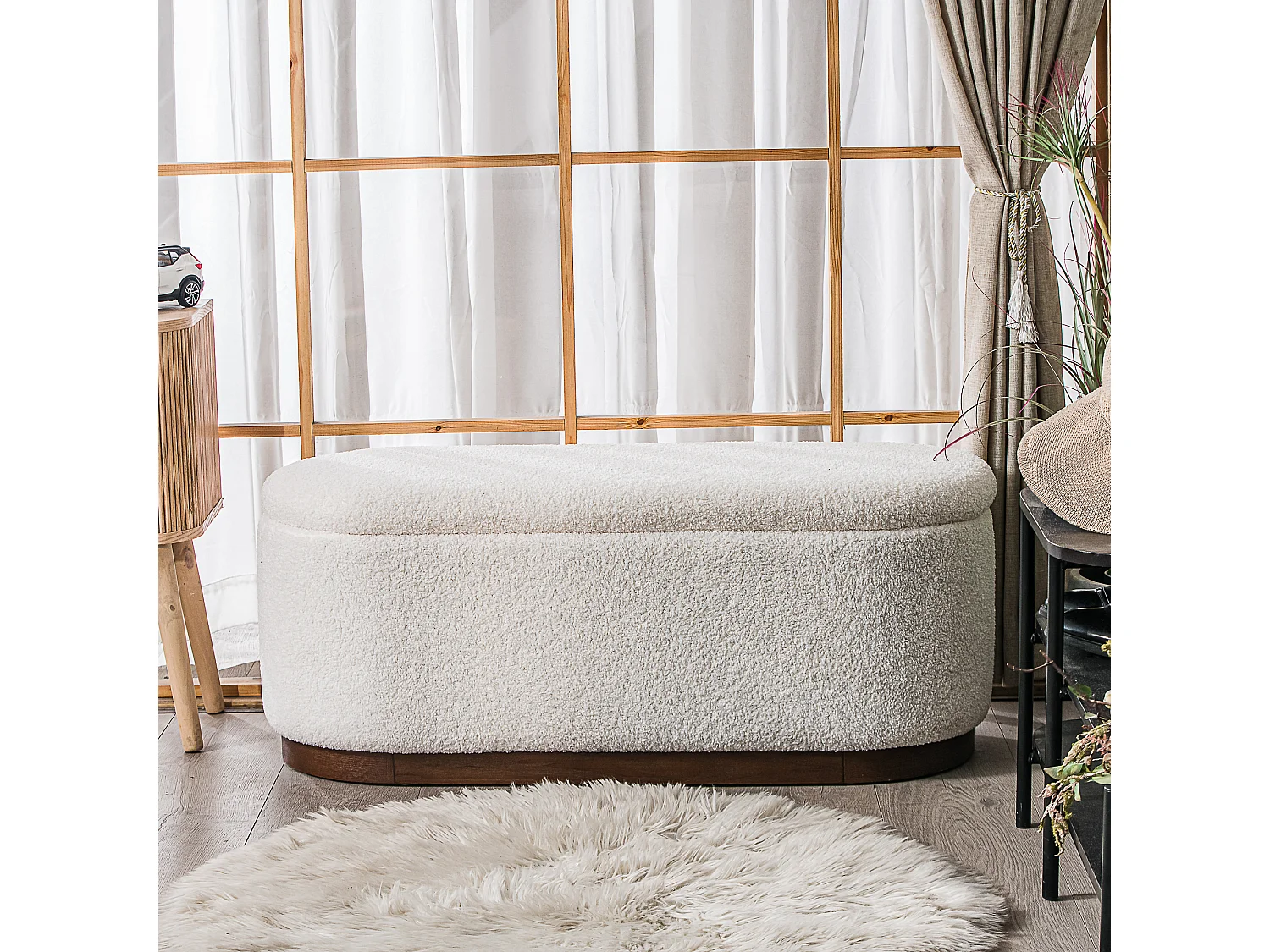 Banc coffre avec rangement en bouclettes blanches