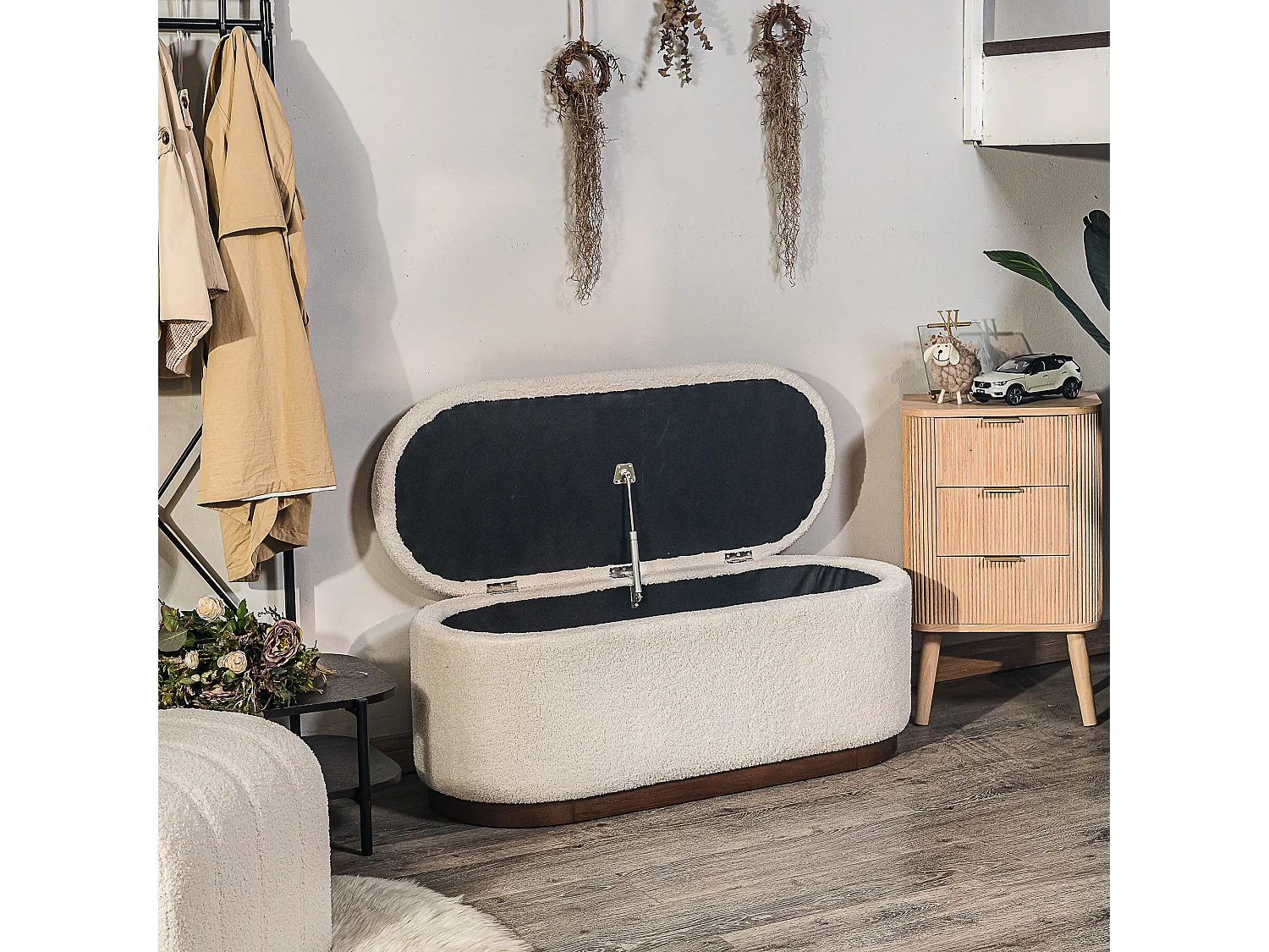 Banc coffre avec rangement en bouclettes blanches