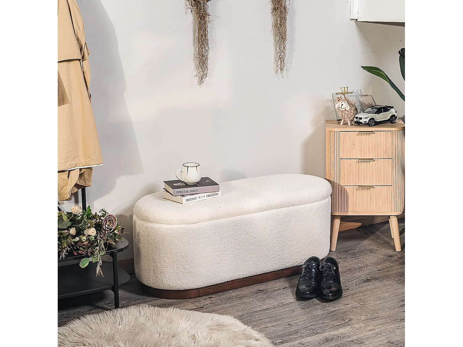 Banc coffre avec rangement en bouclettes blanches