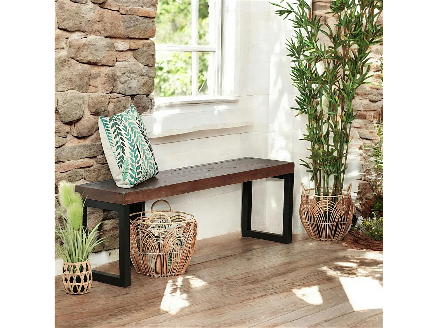 Banc bois brun recyclé pieds métal 140 cm SAMOA