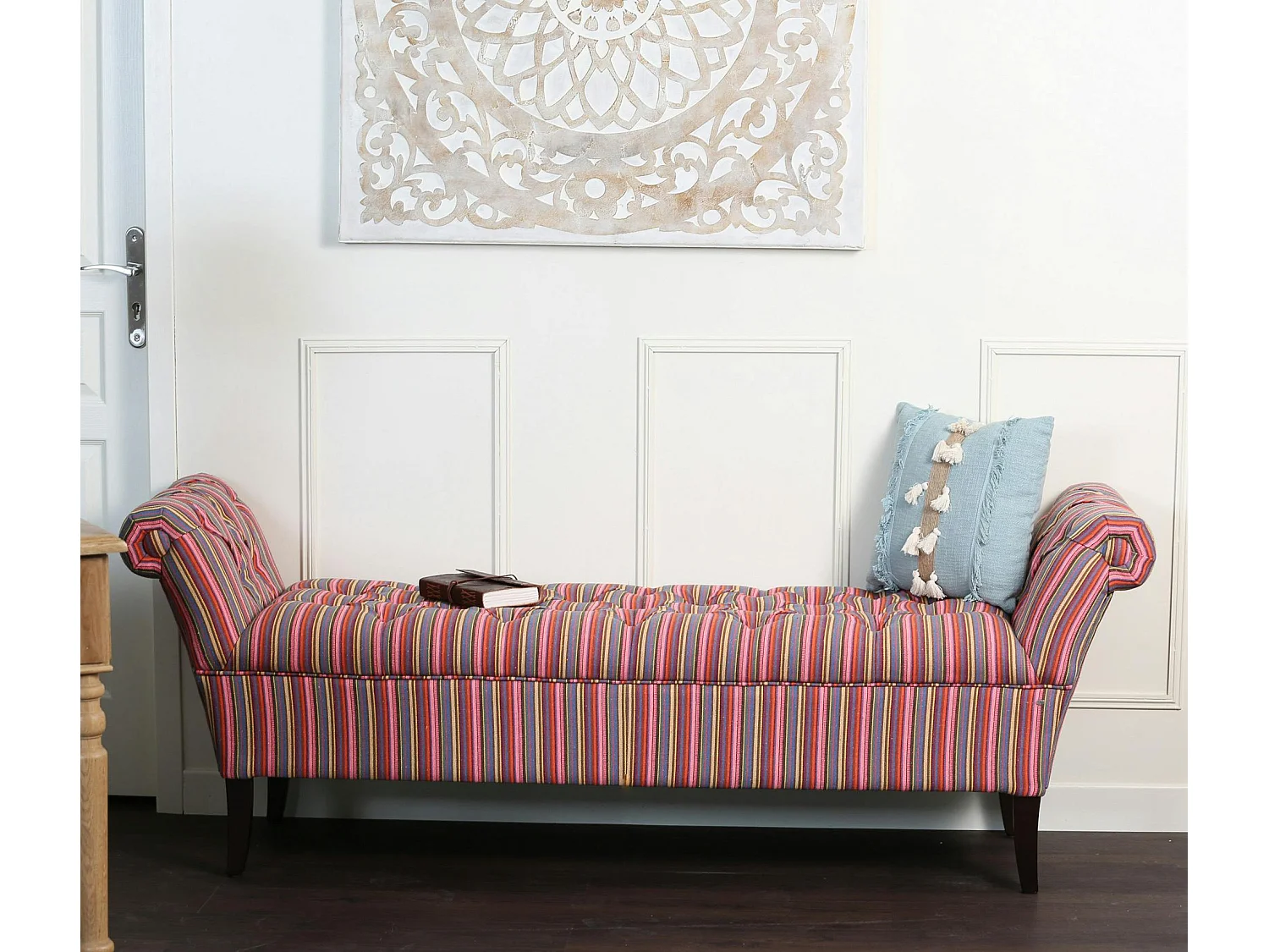 Banc méridienne capitonnée rayures coton BUTTON