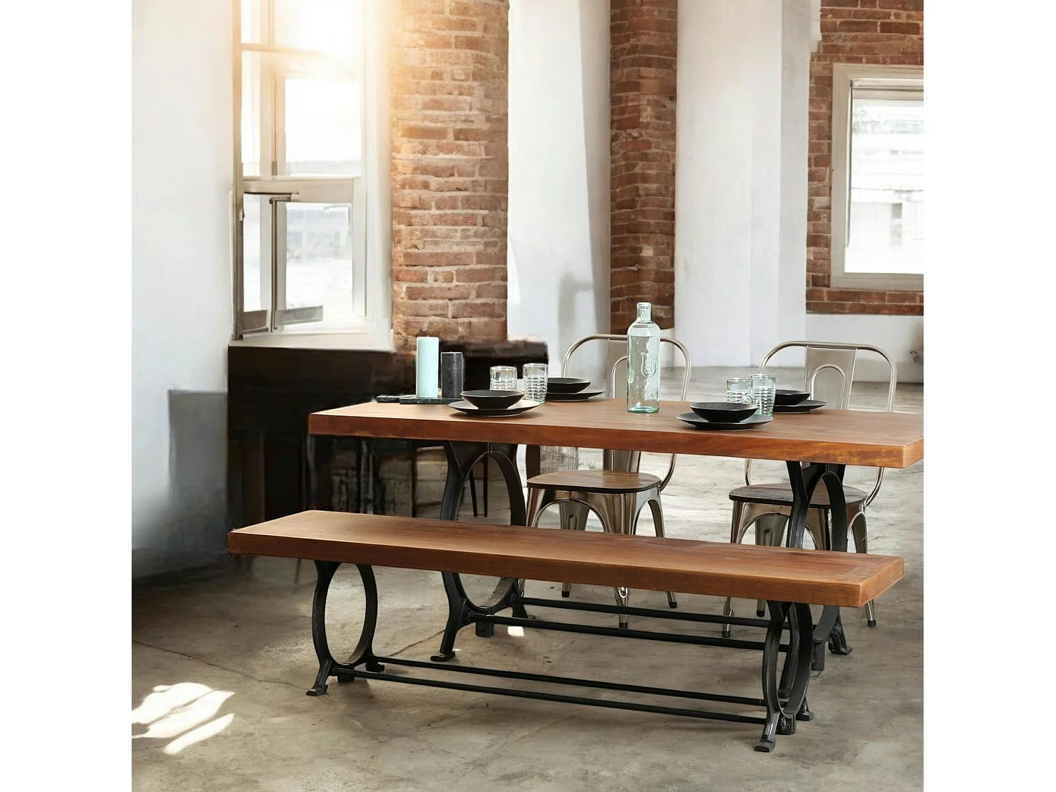 Banc industriel vintage bois recyclé 180 cm LEEDS