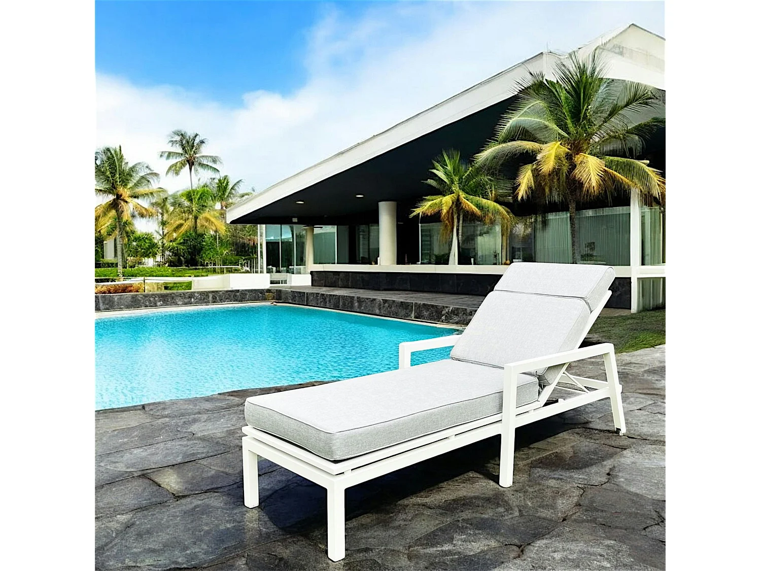 Transat en aluminium blanc avec coussin gris OSLO