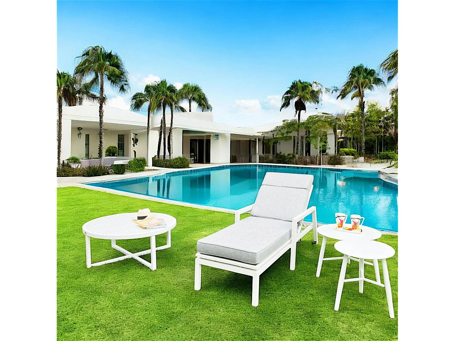 Transat en aluminium blanc avec coussin gris OSLO