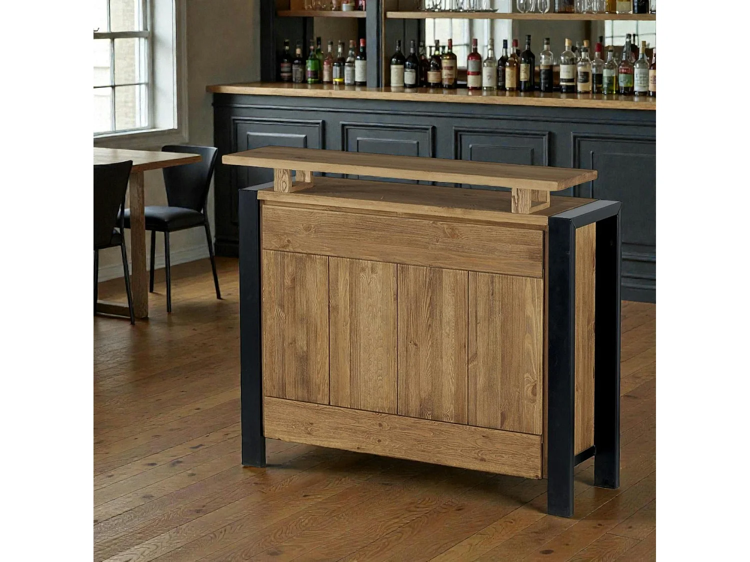 Meuble bar pin massif brossé 2 tiroirs 126cm LOUNDGE