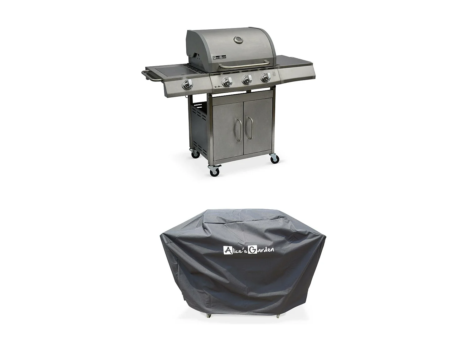 Barbecue gaz inox 14kW – Richelieu inox – Barbecue 4 brûleurs dont 1 feu latéral. côté grill et côté plancha. housse de protection incluse