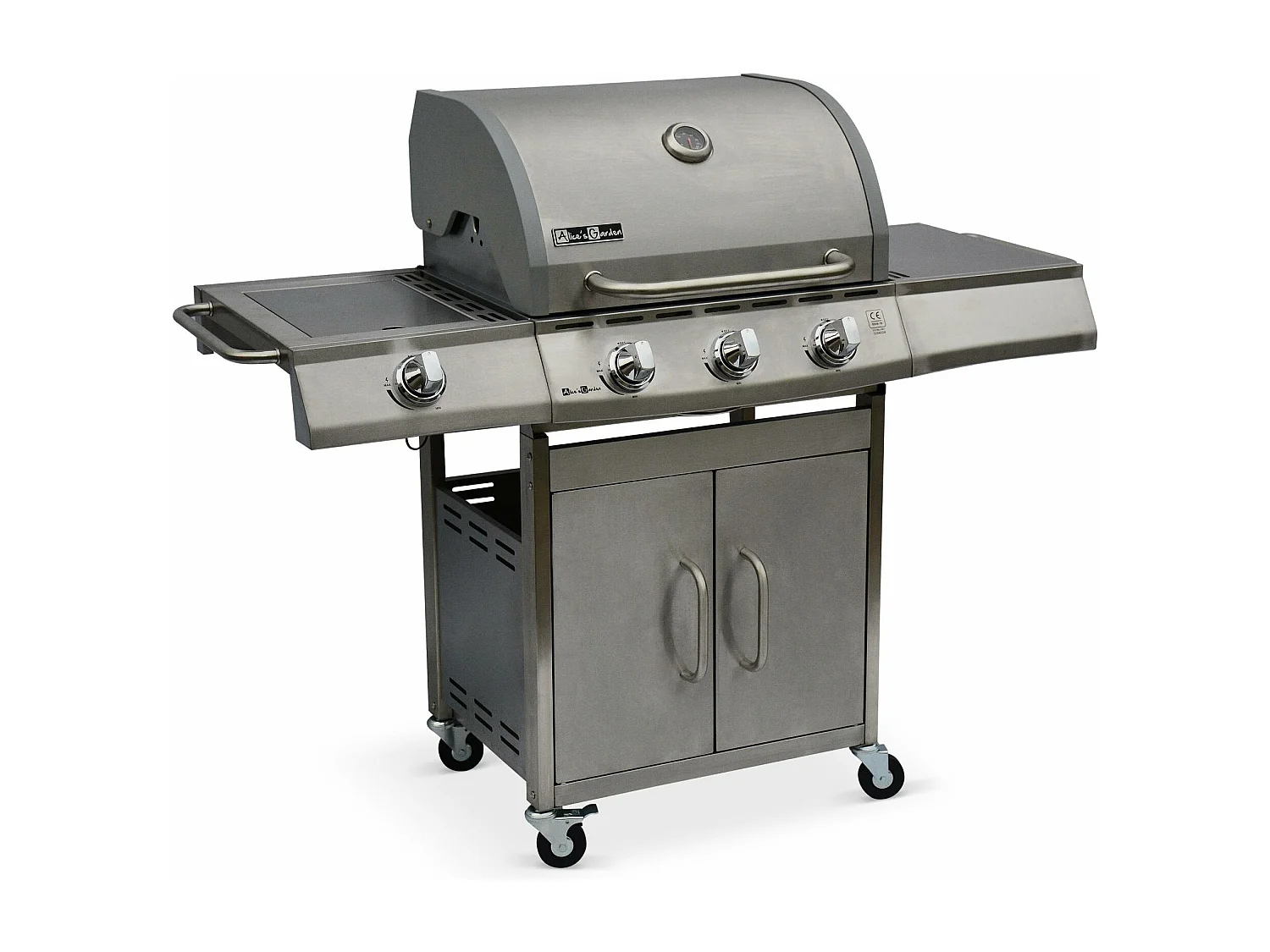 Barbecue gaz inox 14kW – Richelieu inox – Barbecue 4 brûleurs dont 1 feu latéral. côté grill et côté plancha. housse de protection incluse