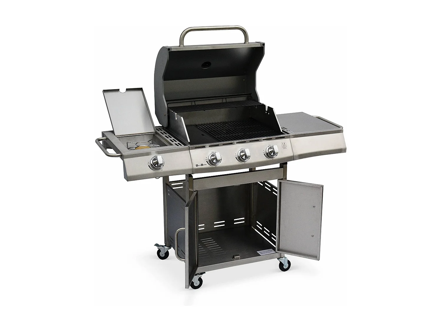 Barbecue gaz inox 14kW – Richelieu inox – Barbecue 4 brûleurs dont 1 feu latéral. côté grill et côté plancha. housse de protection incluse