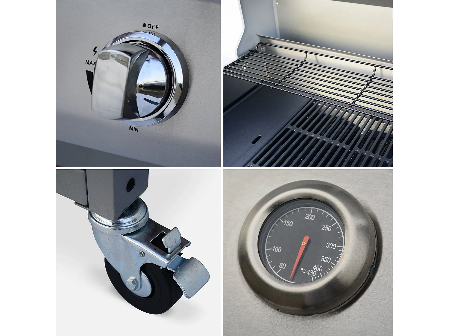 Barbecue gaz inox 14kW – Richelieu inox – Barbecue 4 brûleurs dont 1 feu latéral. côté grill et côté plancha. housse de protection incluse