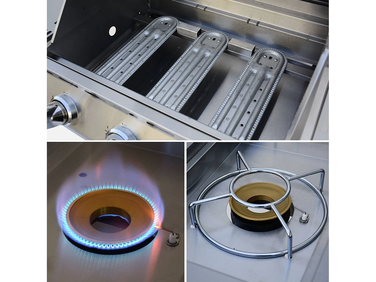 Barbecue gaz inox 14kW – Richelieu inox – Barbecue 4 brûleurs dont 1 feu latéral. côté grill et côté plancha. housse de protection incluse