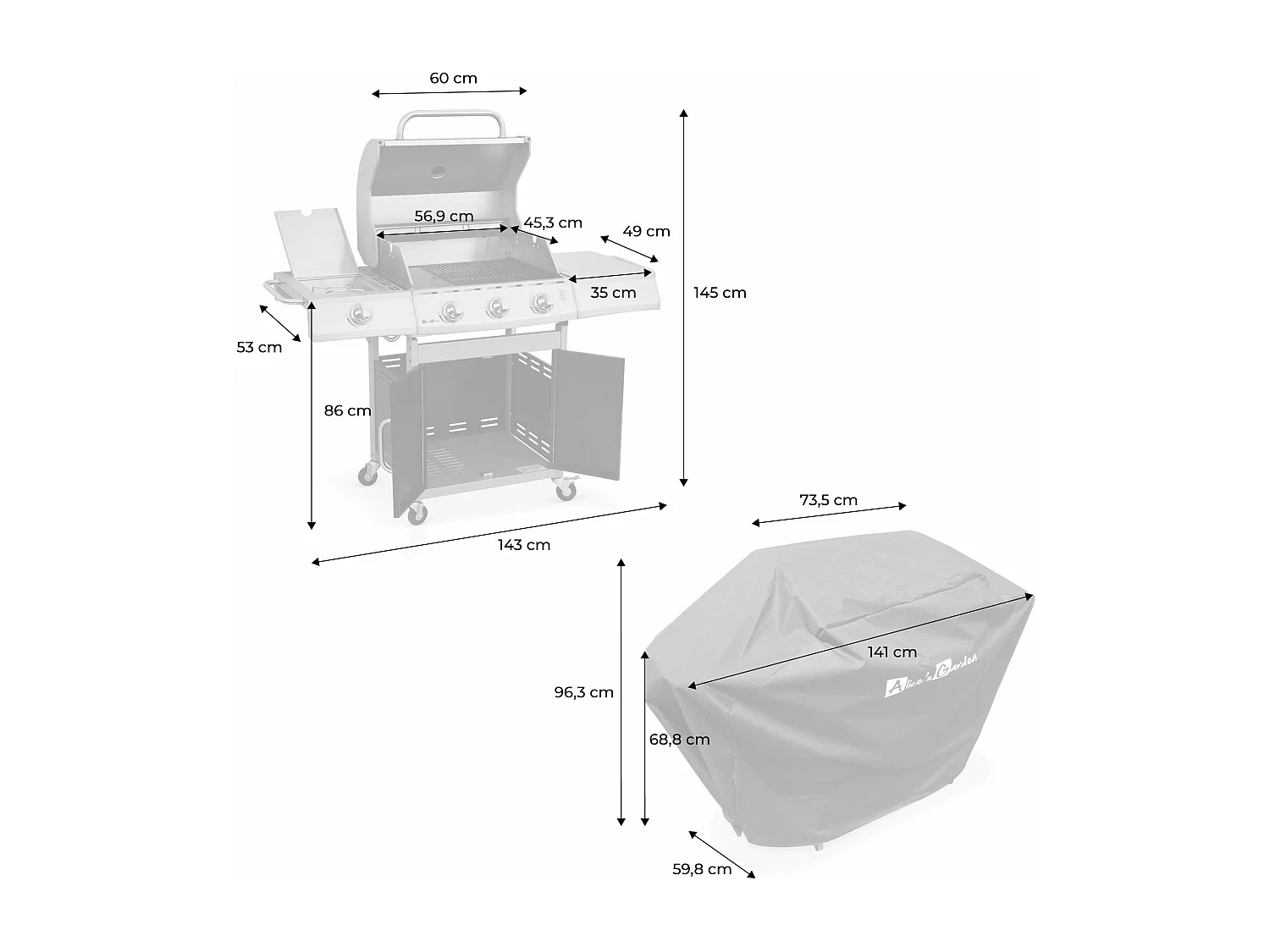 Barbecue gaz inox 14kW – Richelieu inox – Barbecue 4 brûleurs dont 1 feu latéral. côté grill et côté plancha. housse de protection incluse