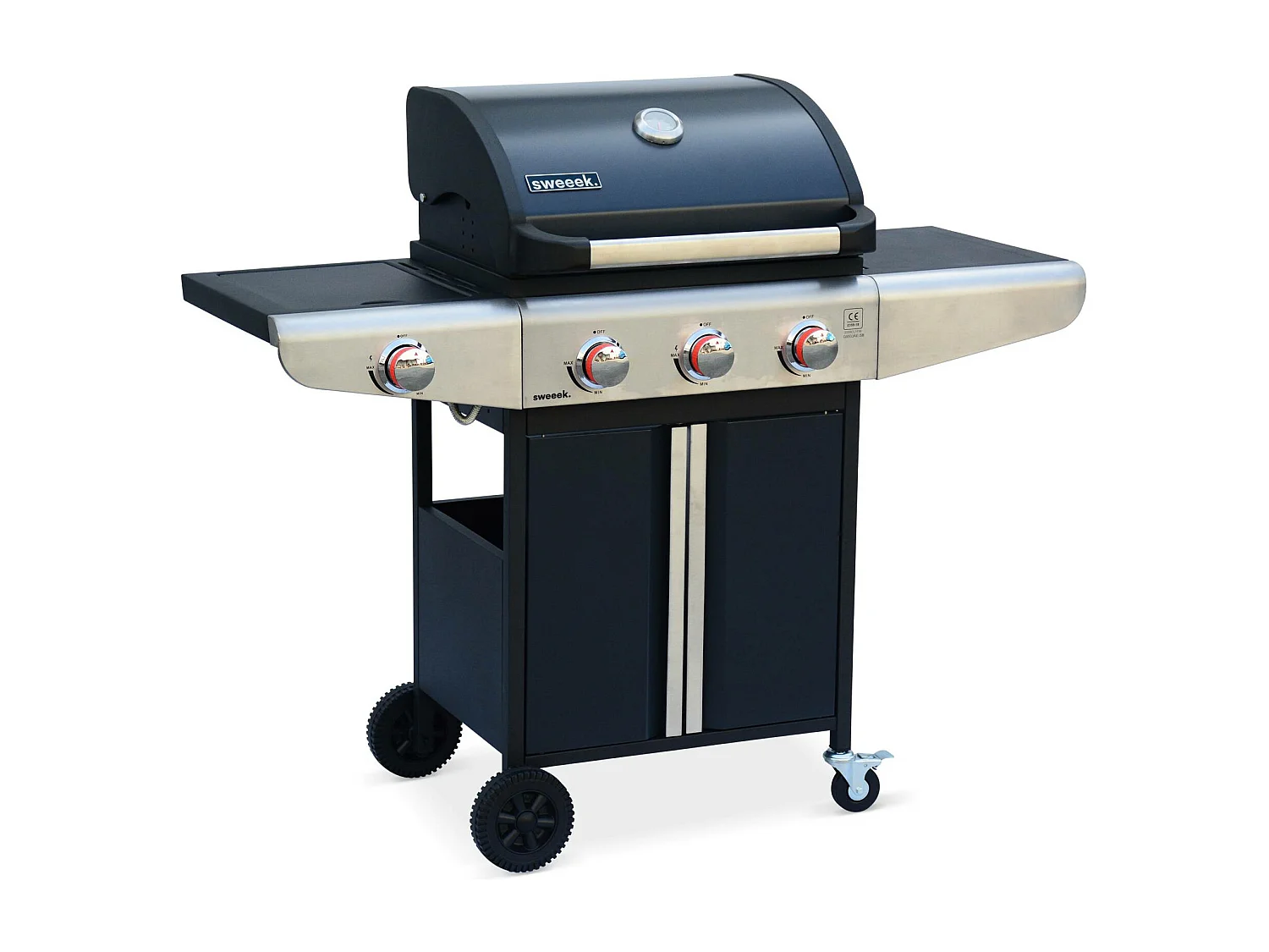 Barbecue au gaz - Bazin 3 Gris anthracite -  Cuisine extérieure 3 brûleurs + 1 feu latéral avec tablettes et thermomètre. rangement. roues