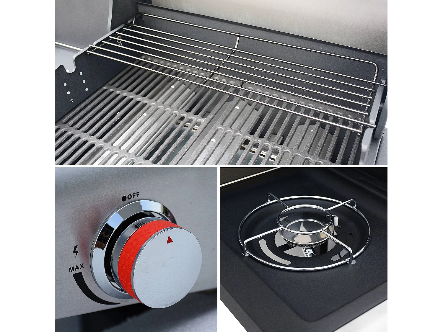 Barbecue au gaz - Bazin 3 Gris anthracite -  Cuisine extérieure 3 brûleurs + 1 feu latéral avec tablettes et thermomètre. rangement. roues