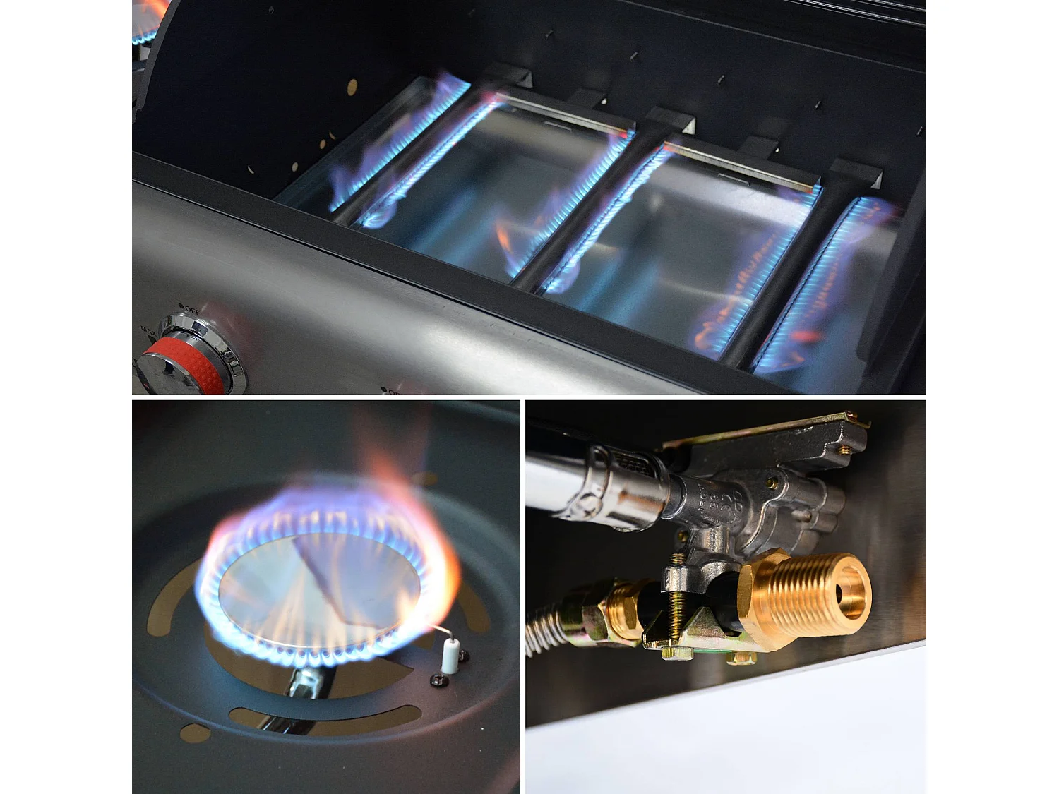 Barbecue au gaz - Bazin 3 Gris anthracite -  Cuisine extérieure 3 brûleurs + 1 feu latéral avec tablettes et thermomètre. rangement. roues