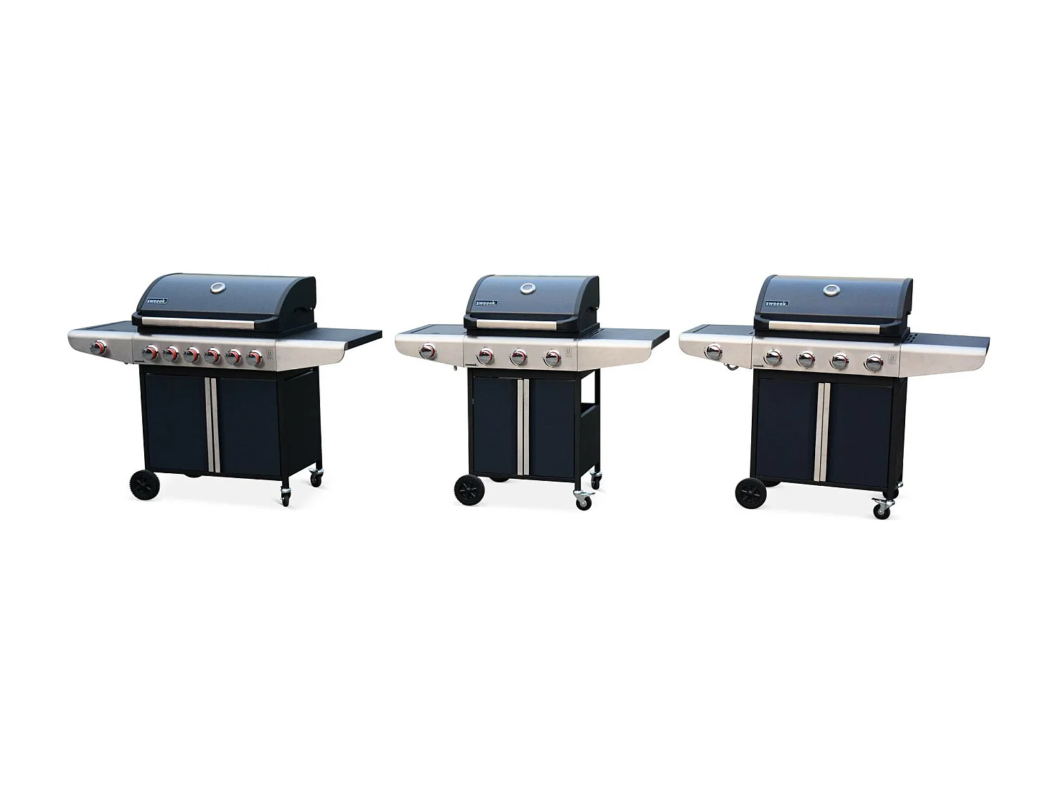 Barbecue au gaz - Bazin 3 Gris anthracite -  Cuisine extérieure 3 brûleurs + 1 feu latéral avec tablettes et thermomètre. rangement. roues