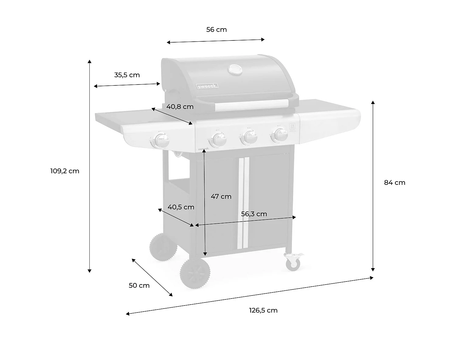 Barbecue au gaz - Bazin 3 Gris anthracite -  Cuisine extérieure 3 brûleurs + 1 feu latéral avec tablettes et thermomètre. rangement. roues