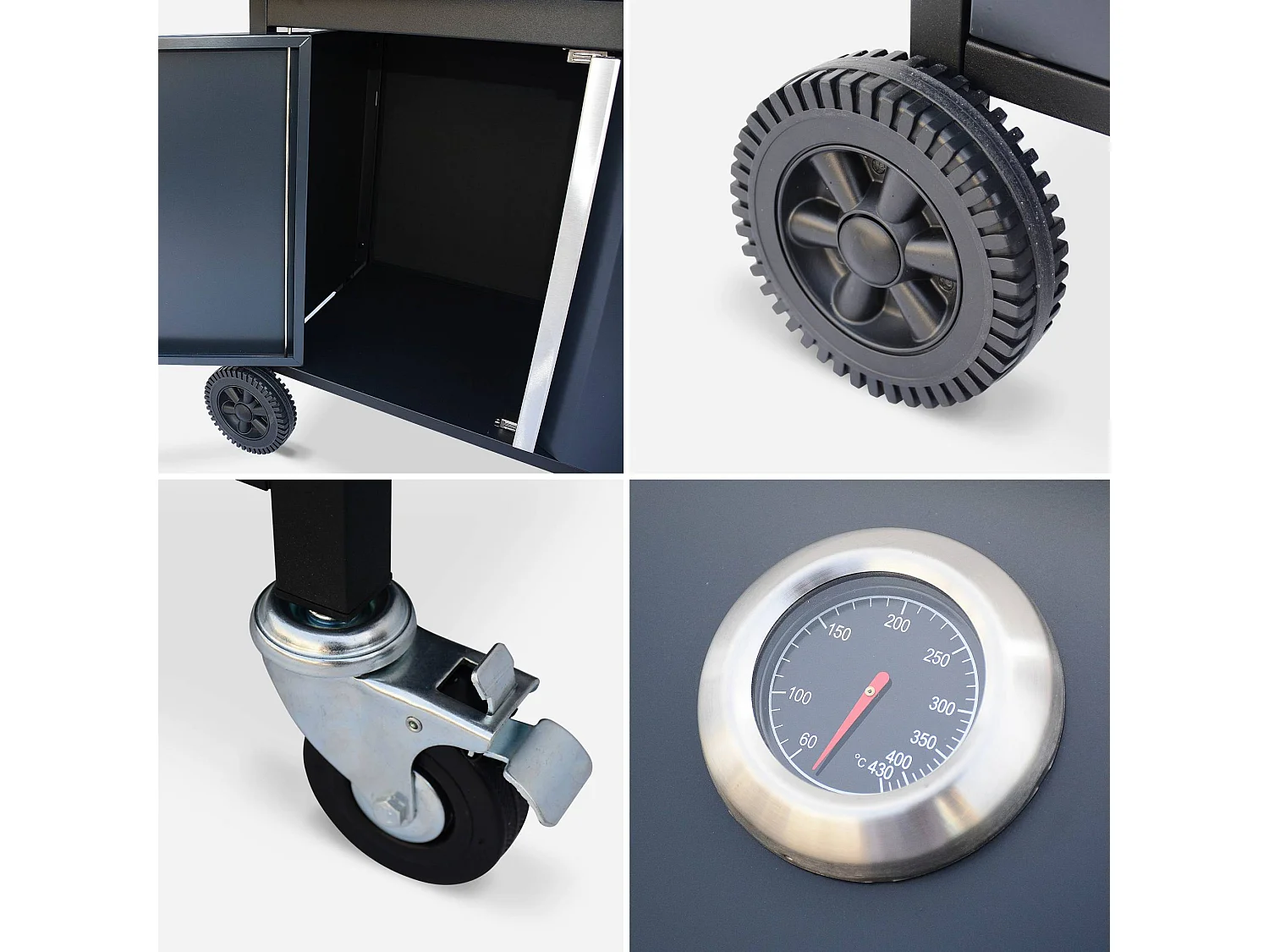 Barbecue au gaz - Bazin 3 Gris anthracite -  Cuisine extérieure 3 brûleurs + 1 feu latéral avec tablettes et thermomètre. rangement. roues