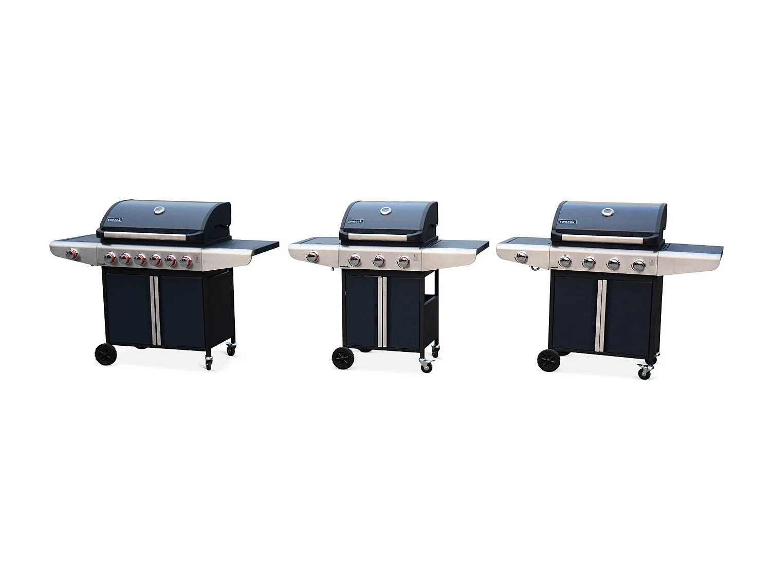 Barbecue au gaz - Bazin 3 Gris anthracite -  Cuisine extérieure 3 brûleurs + 1 feu latéral avec tablettes et thermomètre. rangement. roues