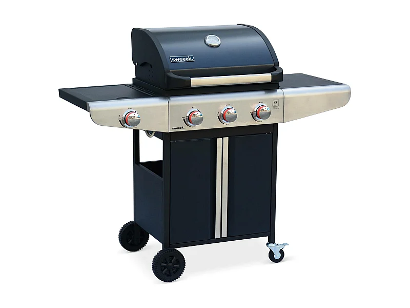 Barbecue au gaz - Bazin 3 Gris anthracite -  Cuisine extérieure 3 brûleurs + 1 feu latéral avec tablettes et thermomètre. rangement. roues