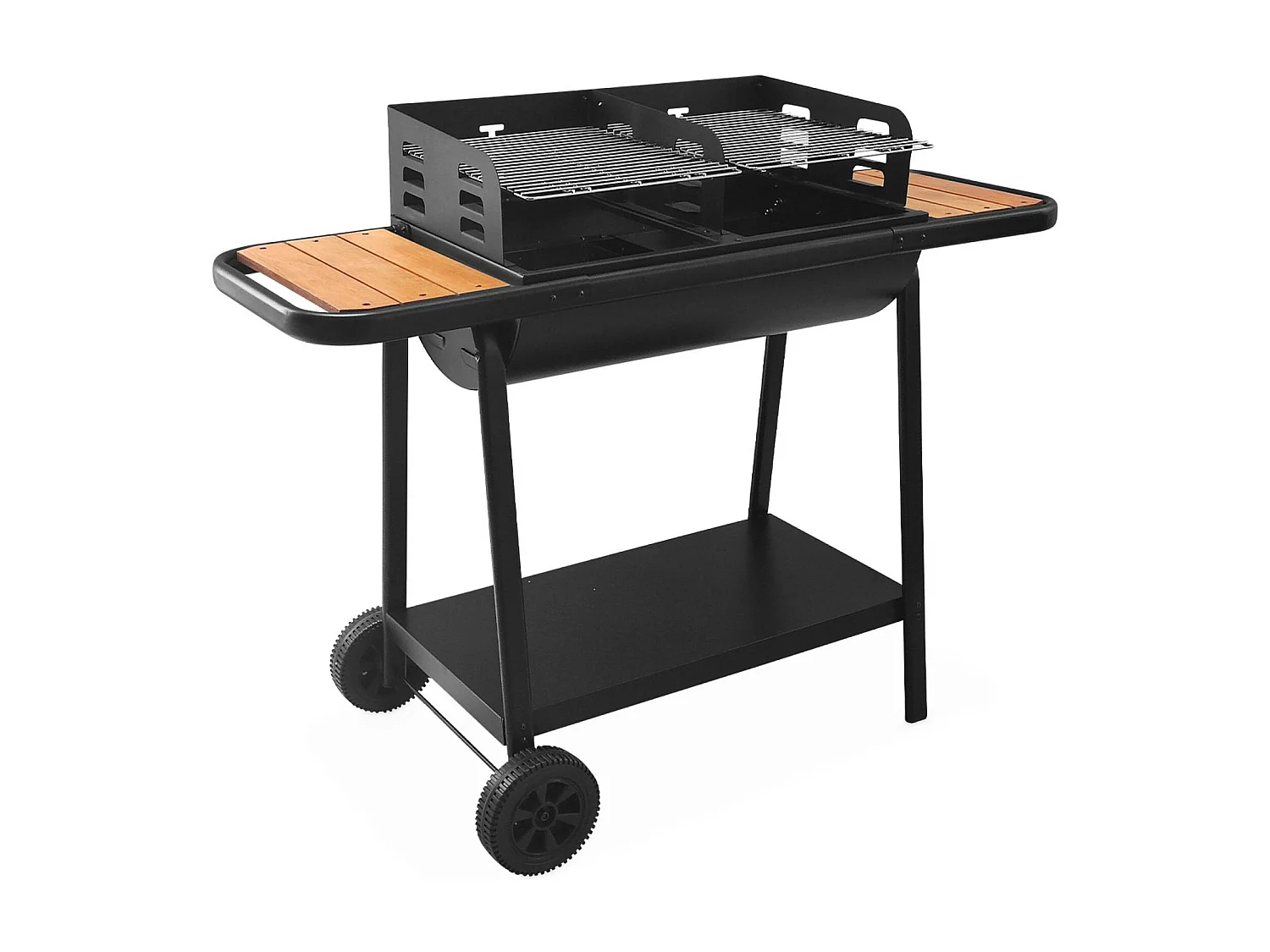 Barbecue noir charbon de bois Lucien noir. récupérateur de cendres. 2 tablettes. 2 grilles de cuisson. L 123 x P 56 x H 97cm