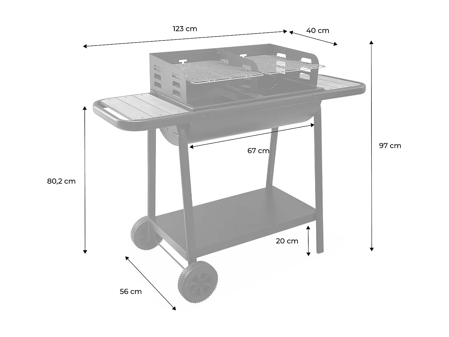 Barbecue noir charbon de bois Lucien noir. récupérateur de cendres. 2 tablettes. 2 grilles de cuisson. L 123 x P 56 x H 97cm