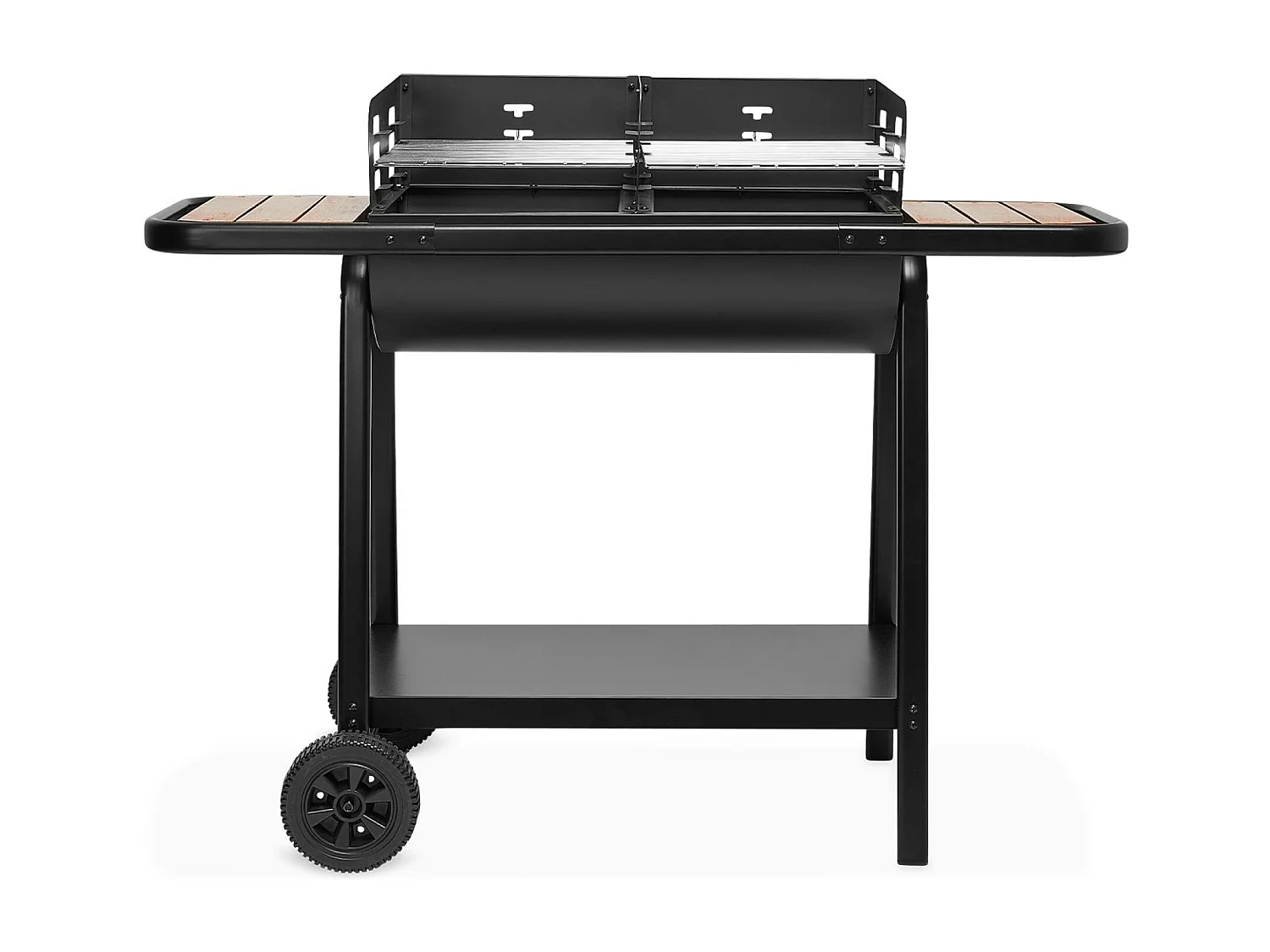 Barbecue noir charbon de bois Lucien noir. récupérateur de cendres. 2 tablettes. 2 grilles de cuisson. L 123 x P 56 x H 97cm