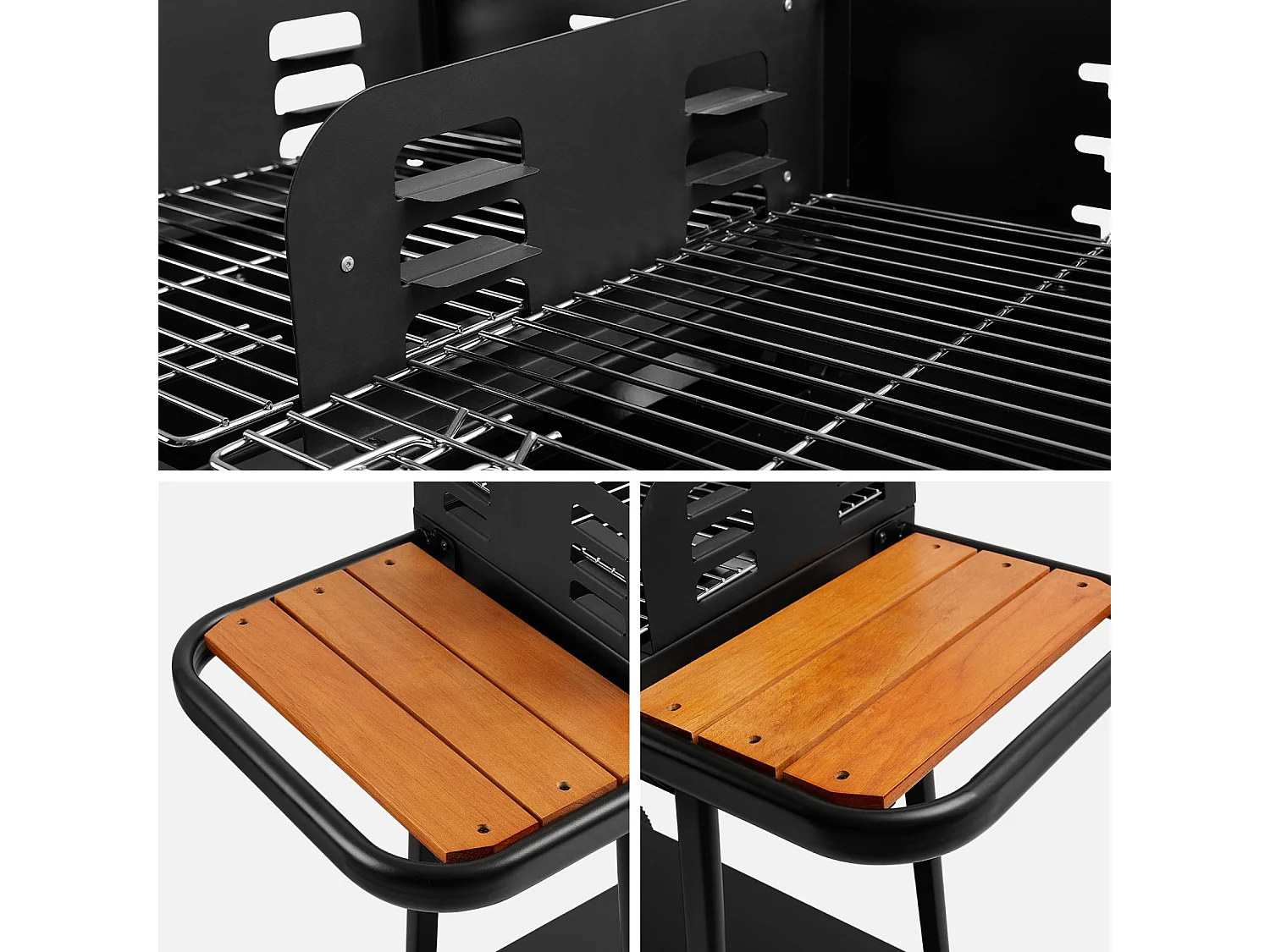 Barbecue noir charbon de bois Lucien noir. récupérateur de cendres. 2 tablettes. 2 grilles de cuisson. L 123 x P 56 x H 97cm