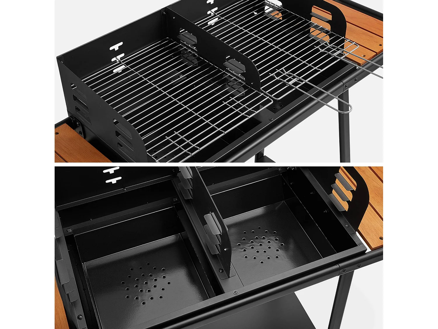 Barbecue noir charbon de bois Lucien noir. récupérateur de cendres. 2 tablettes. 2 grilles de cuisson. L 123 x P 56 x H 97cm