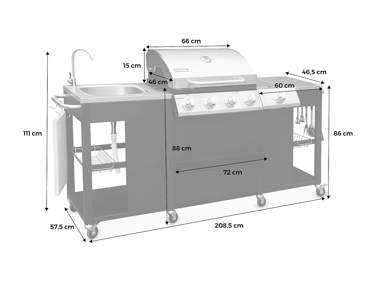 Barbecue. cuisine extérieure gaz - D'Artagnan - Barbecue 5 brûleurs dont 1 feu latéral. inox et noir. évier. planche à découper bois. ustensiles