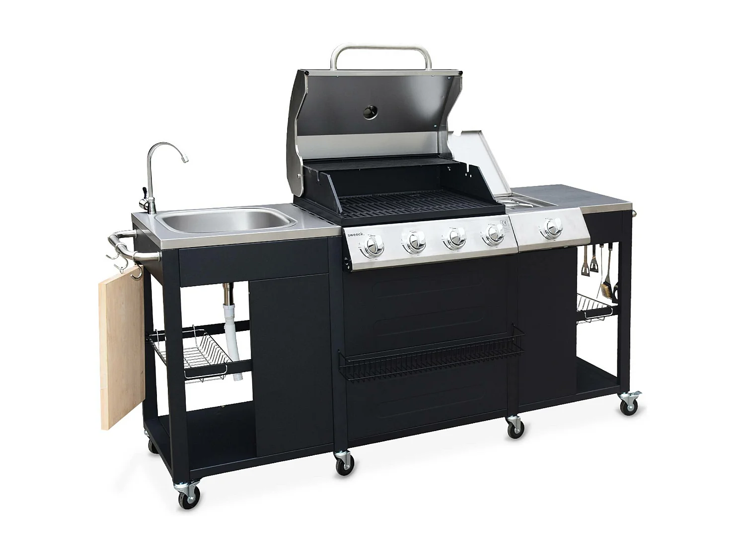 Barbecue. cuisine extérieure gaz - D'Artagnan - Barbecue 5 brûleurs dont 1 feu latéral. inox et noir. évier. planche à découper bois. ustensiles