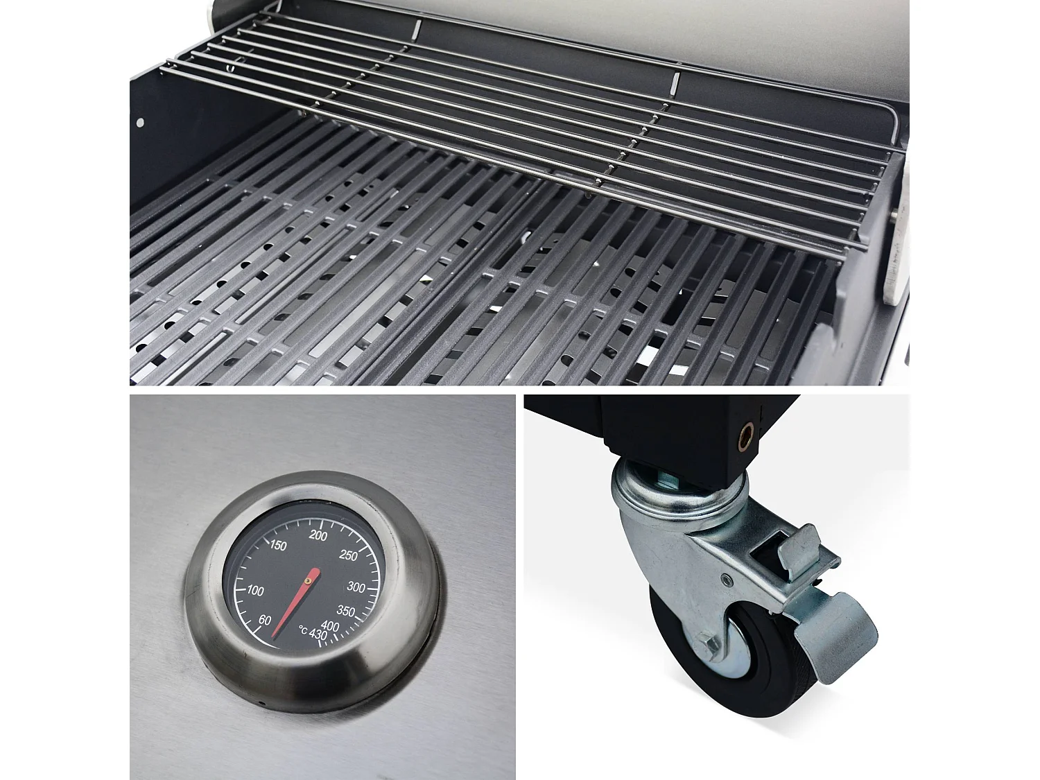 Barbecue. cuisine extérieure gaz - D'Artagnan - Barbecue 5 brûleurs dont 1 feu latéral. inox et noir. évier. planche à découper bois. ustensiles