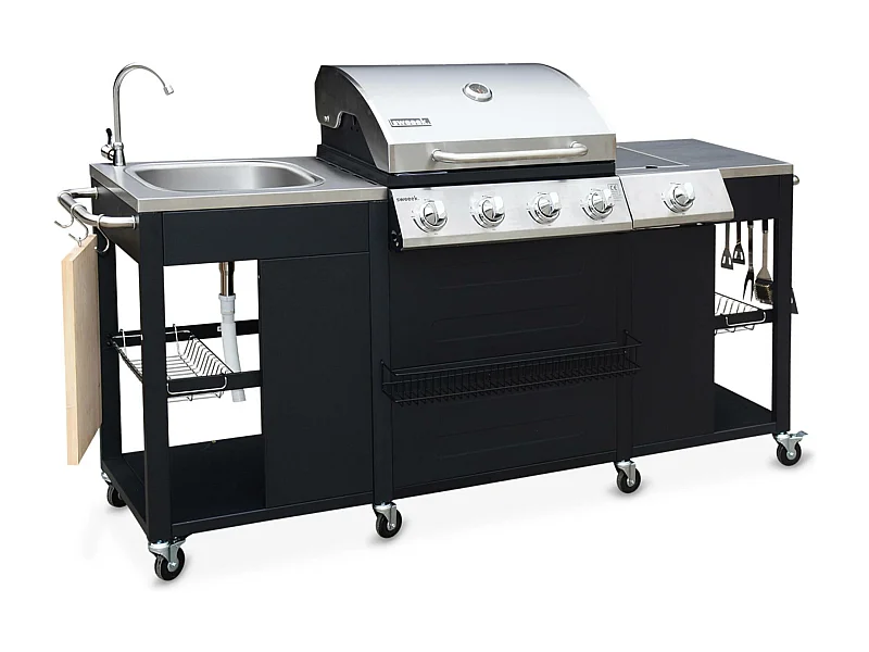 Barbecue. cuisine extérieure gaz - D'Artagnan - Barbecue 5 brûleurs dont 1 feu latéral. inox et noir. évier. planche à découper bois. ustensiles