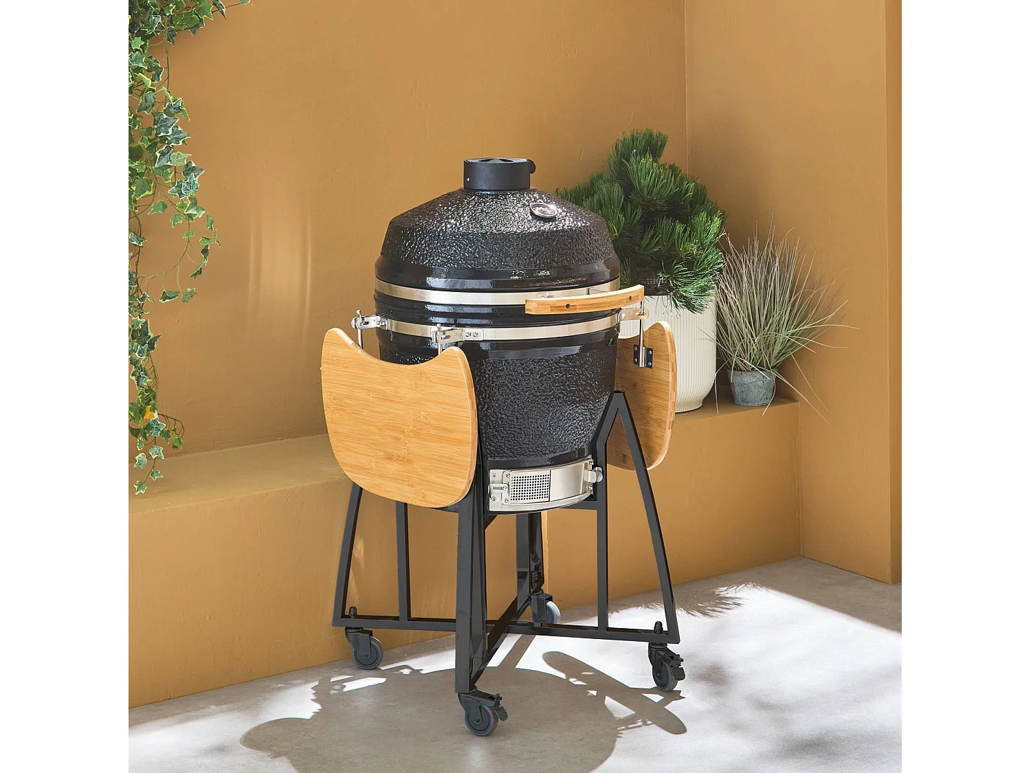 Barbecue a carbone, griglia e affumicatore, ceramica 57cm con ruote,