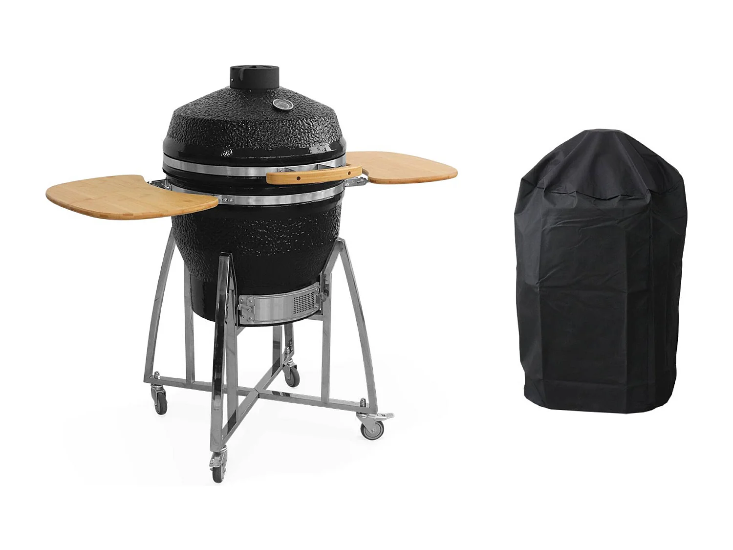 Barbecue a carbone, griglia e affumicatore, ceramica 57cm con ruote,