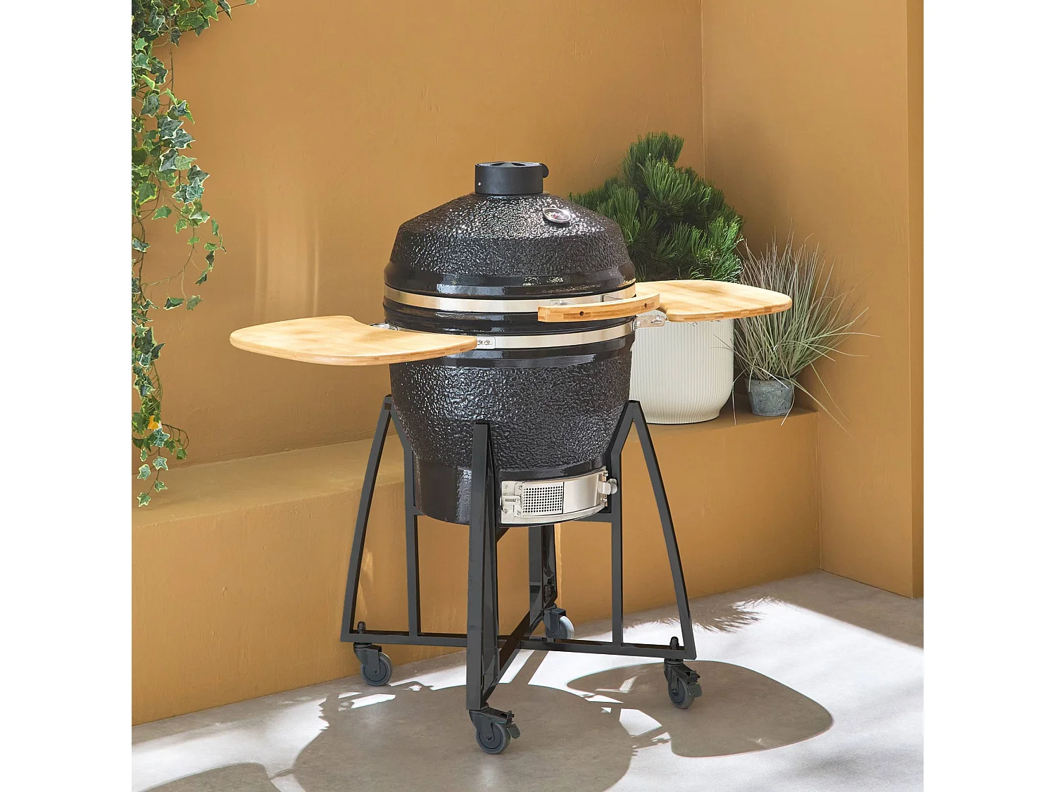 Barbecue a carbone, griglia e affumicatore, ceramica 57cm con ruote,