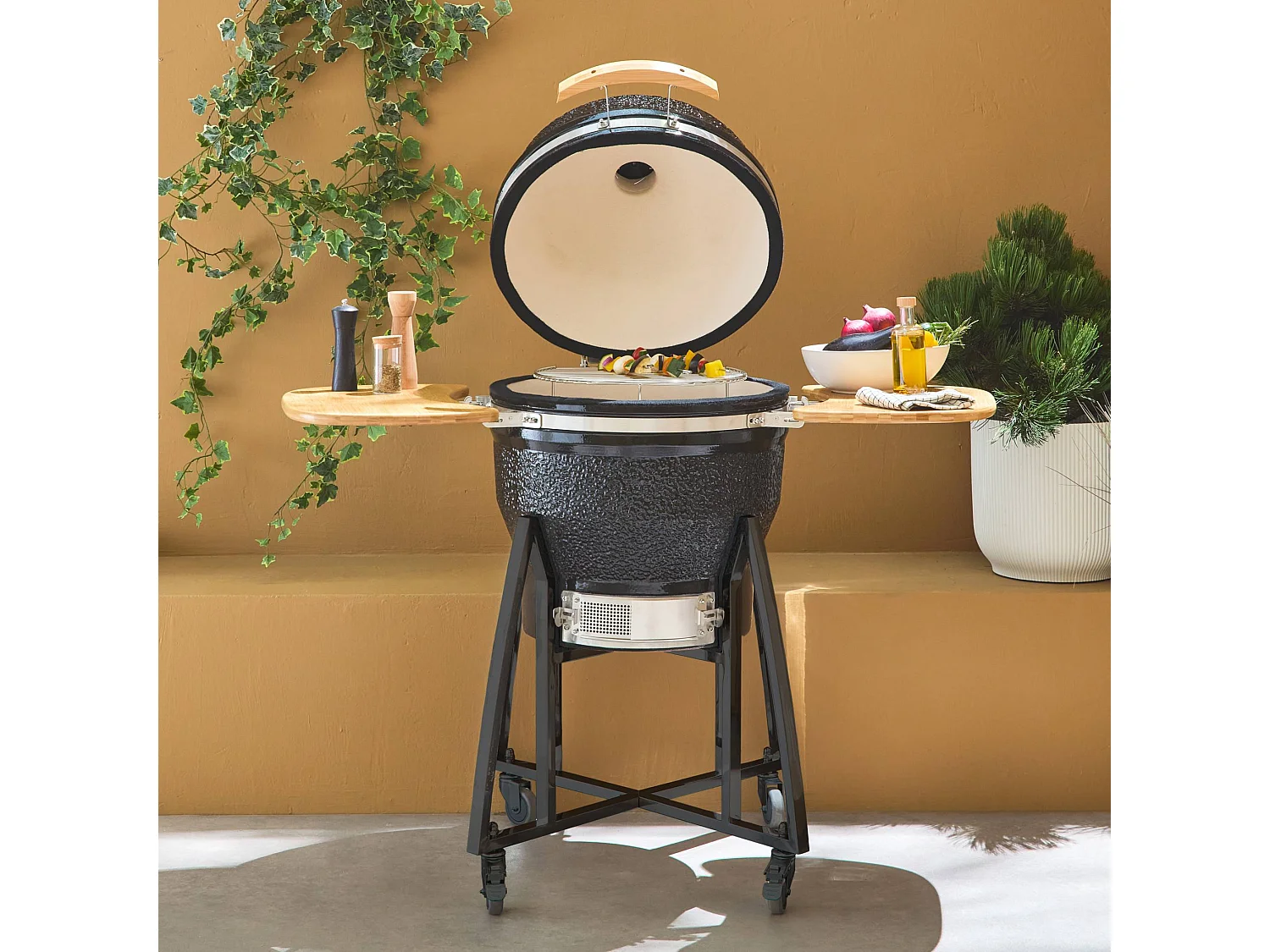 Barbecue a carbone, griglia e affumicatore, ceramica 57cm con ruote,