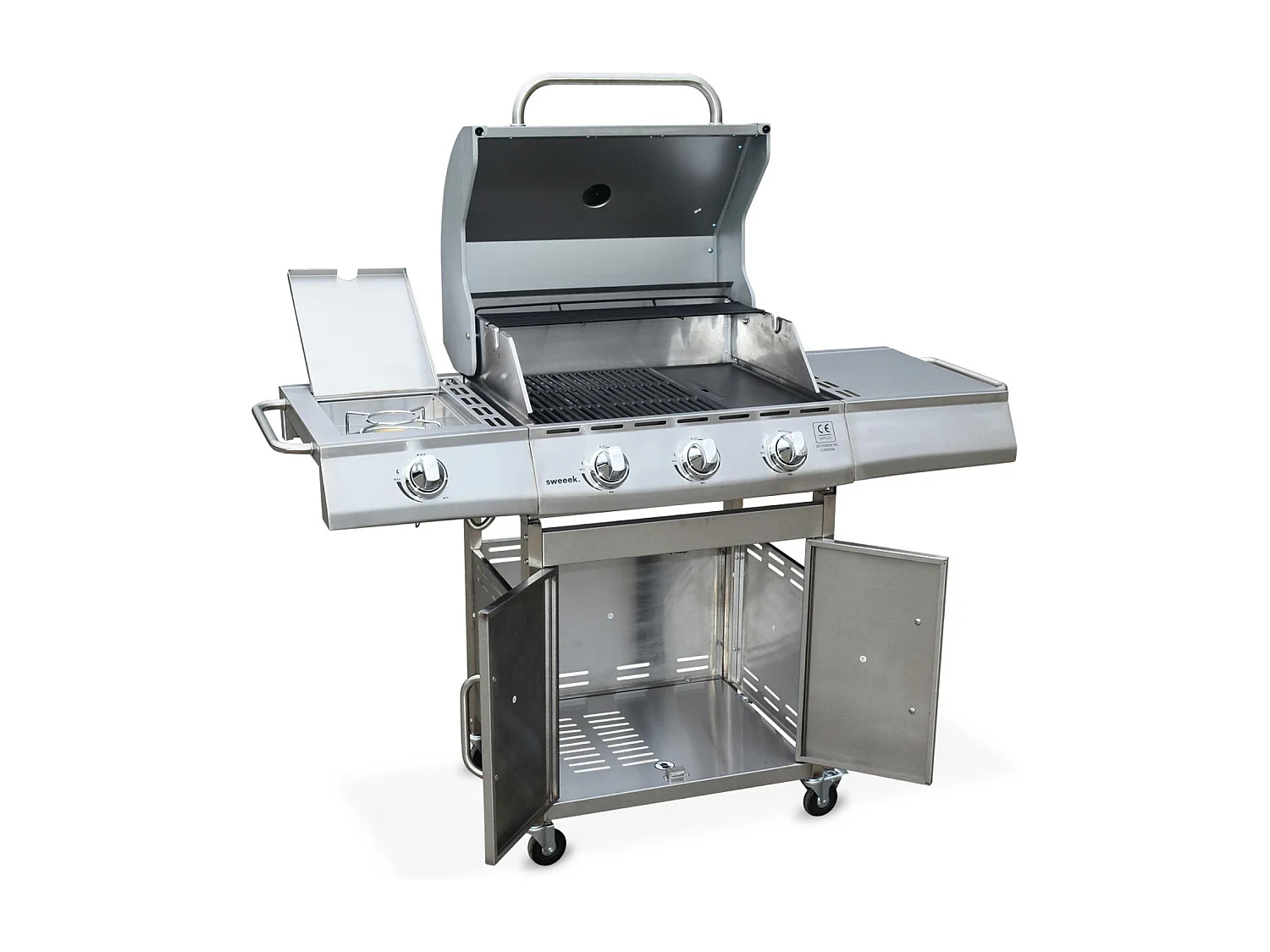 Barbecue gaz inox 14kW - Richelieu Inox - Barbecue 4 brûleurs dont 1 feu latéral. côté grill et côté plancha
