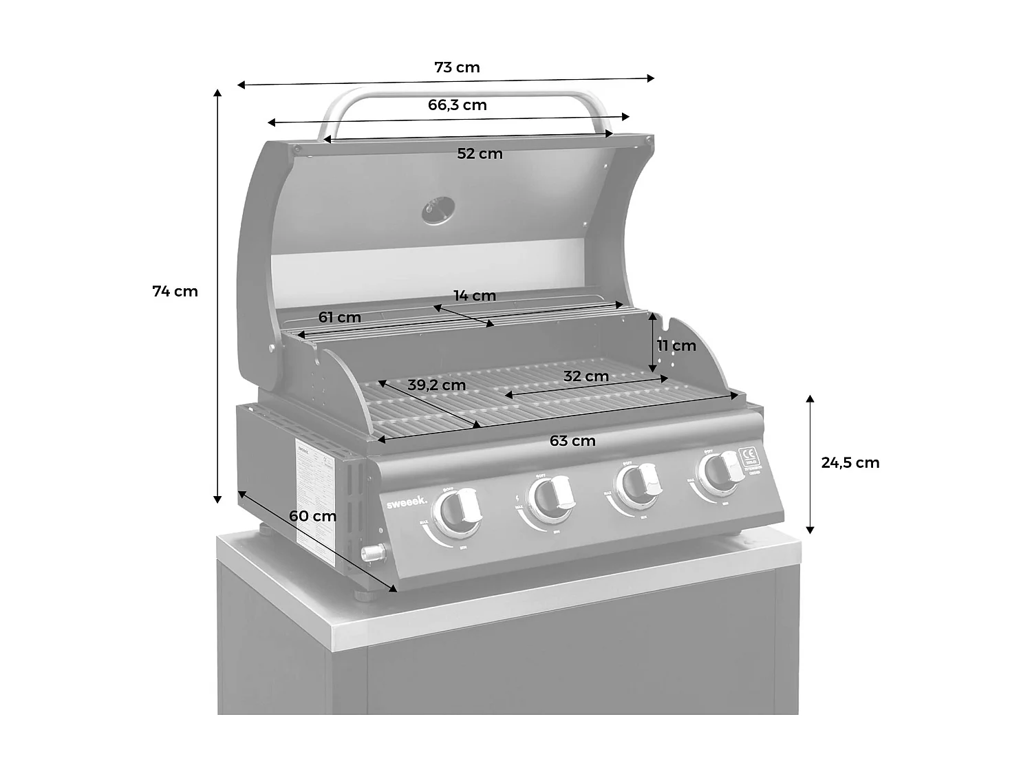 Barbecue à gaz avec 4 brûleurs à poser avec récupérateur de graisse