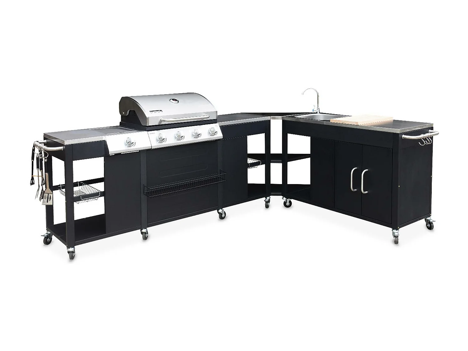Barbecue. cuisine extérieure gaz - Rochefort - Barbecue 5 brûleurs avec évier. planche. ustensiles. plan de travail. et thermomètre