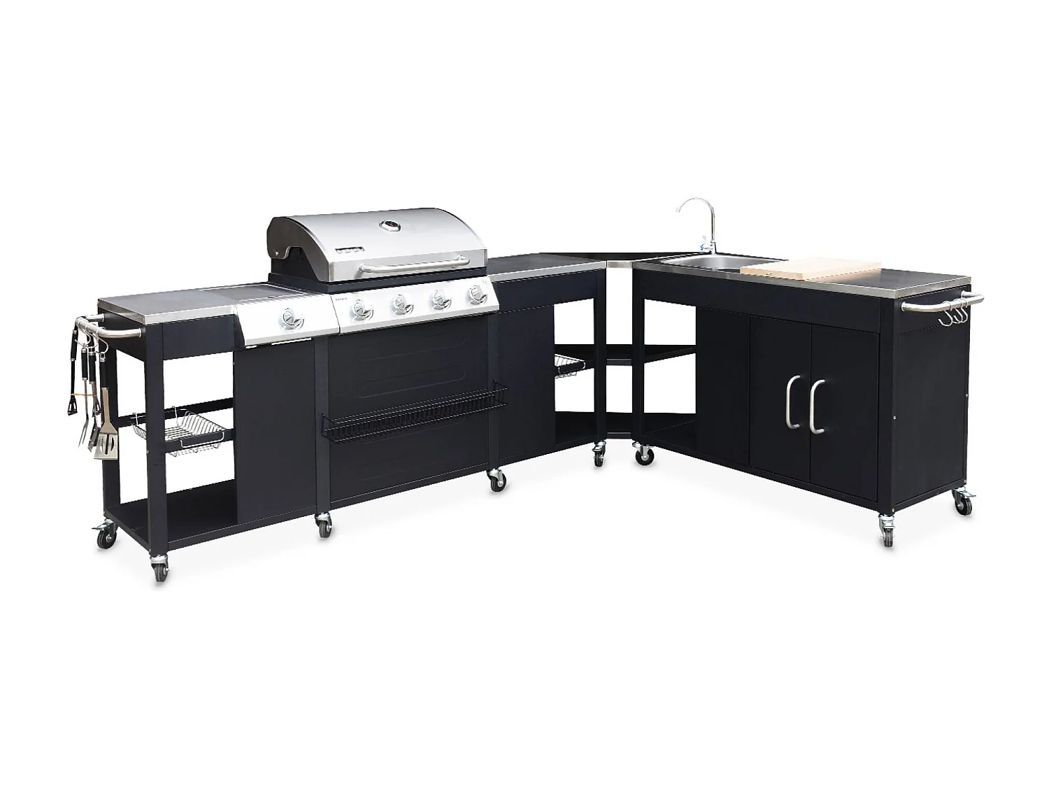 Cocina exterior de acero con barbacoa de gas americana de 5 quemadores