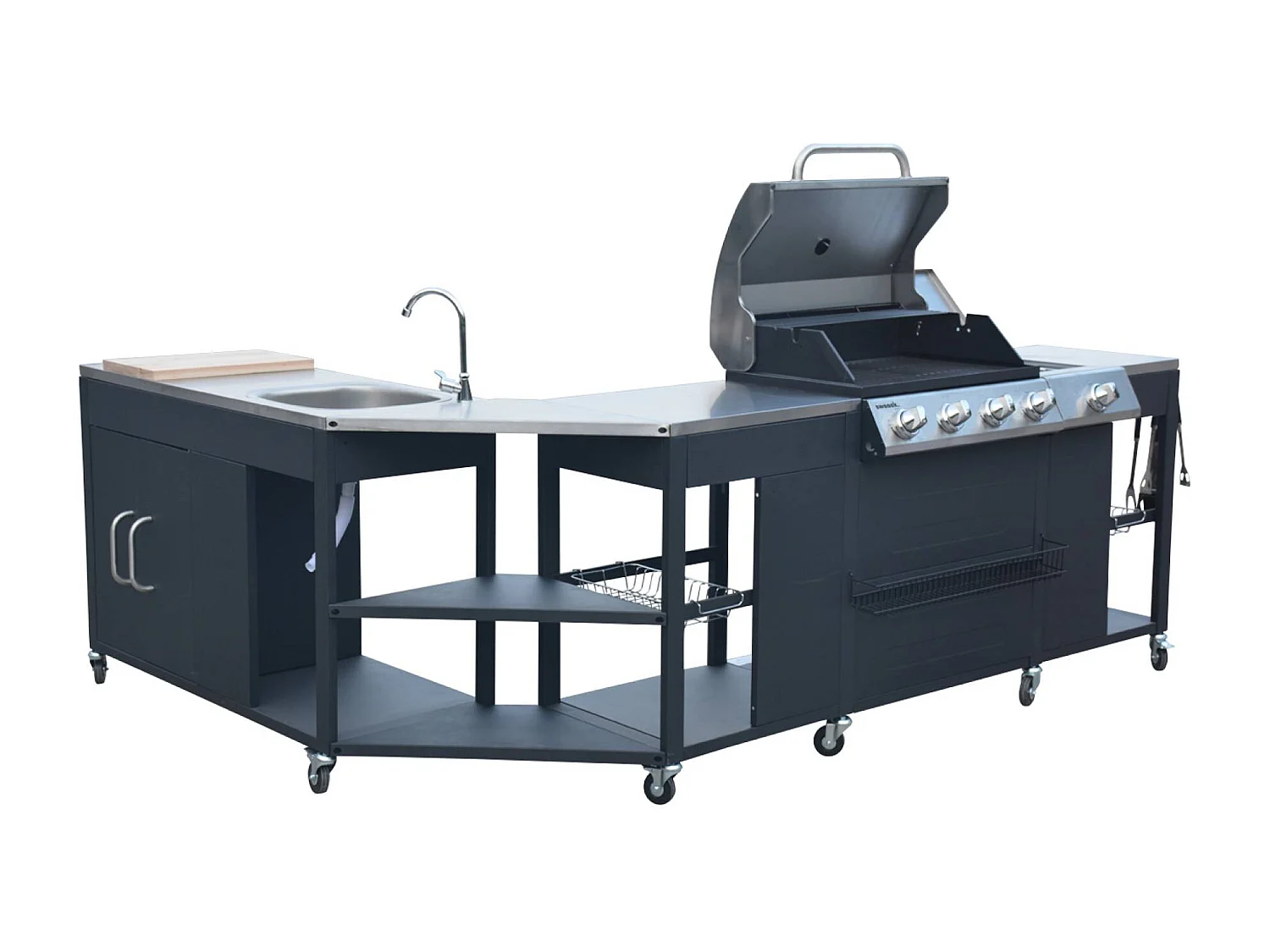 Cocina exterior de acero con barbacoa de gas americana de 5 quemadores