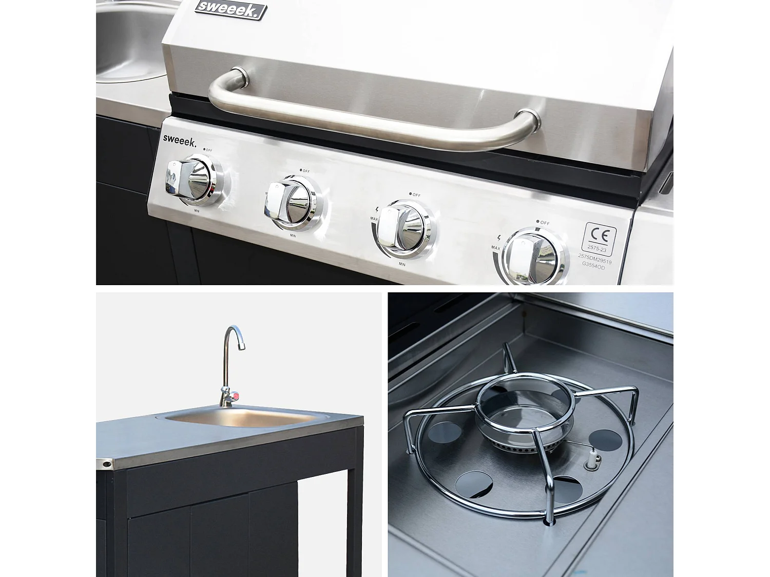 Cocina exterior de acero con barbacoa de gas americana de 5 quemadores