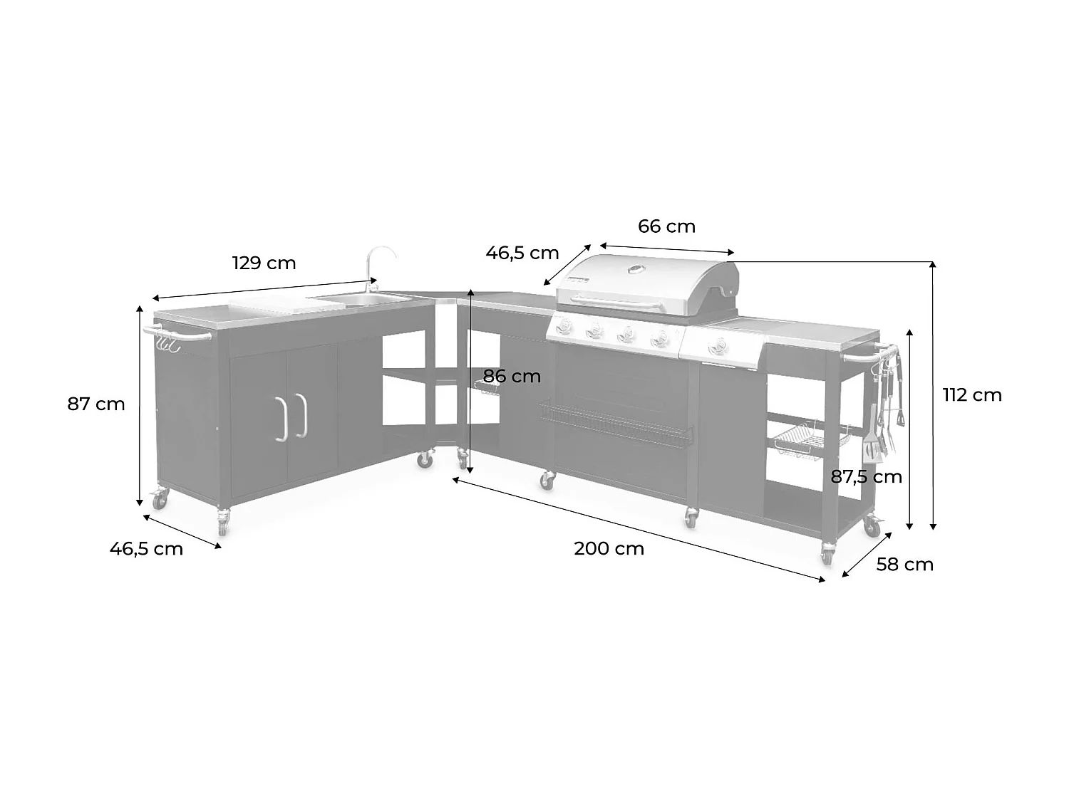 Cocina exterior de acero con barbacoa de gas americana de 5 quemadores