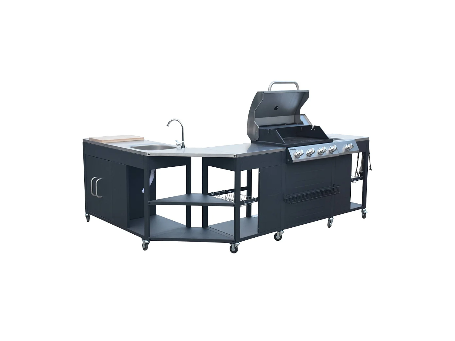 Cocina exterior de acero con barbacoa de gas americana de 5 quemadores